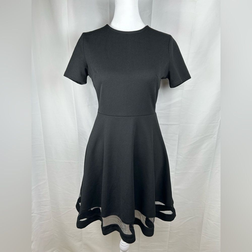 SHEIN Black Mini Dress XS Sheer Mesh Insert Flare Hem A-Line